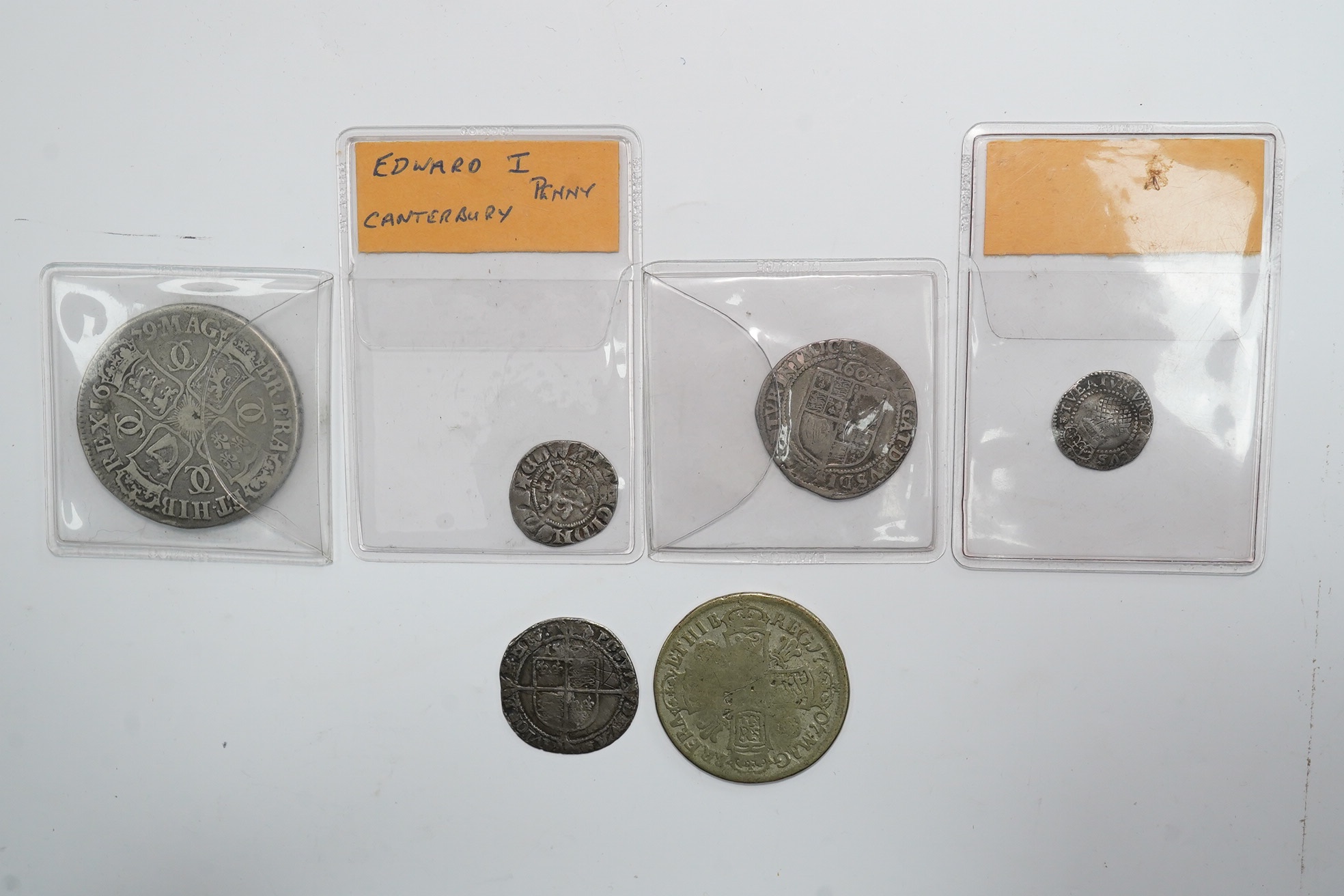 British hammered and milled silver coins, Medieval to Stuart period, including Edward I Penny, Canterbury mint, fine, an Elizabeth I sixpence, a James I halfgroat, fine, a James I sixpence, 1604, VG, a Charles II crown,